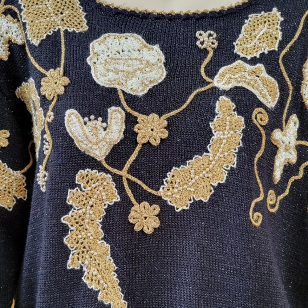 Vintage Beaded Sweater Black Shimmer  Gold Applique Pearl Beads Jocelyn Smith M - Picture 5 of 12
